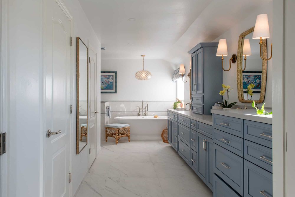 El Cajon, blue vanity and soaking tub, a Kaminskiy bathroom remodel in San Diego County