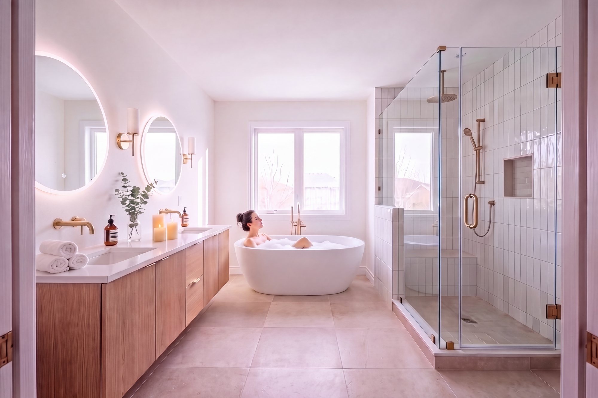 After: the same bathroom as a spa, a woman with her hair up relaxing in the freestanding tub under the window, lit candles and rolled towels on the floating white oak double vanity, round backlit mirrors and a walk-in shower with a pony wall
