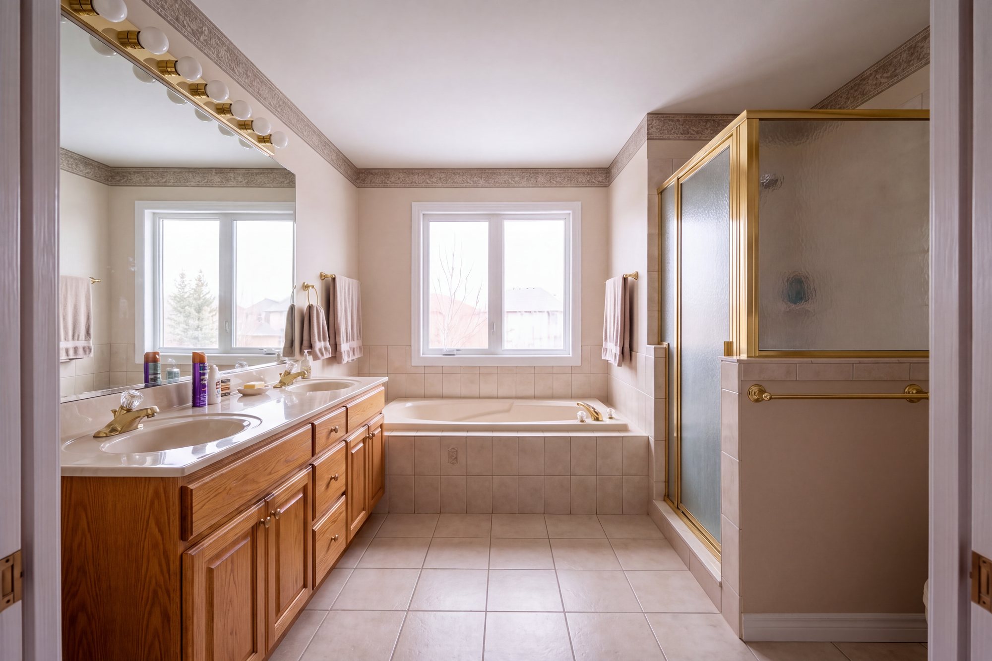 Before: a dated primary bathroom with an oak double vanity, a drop-in corner tub, a brass-framed shower and a Hollywood strip light