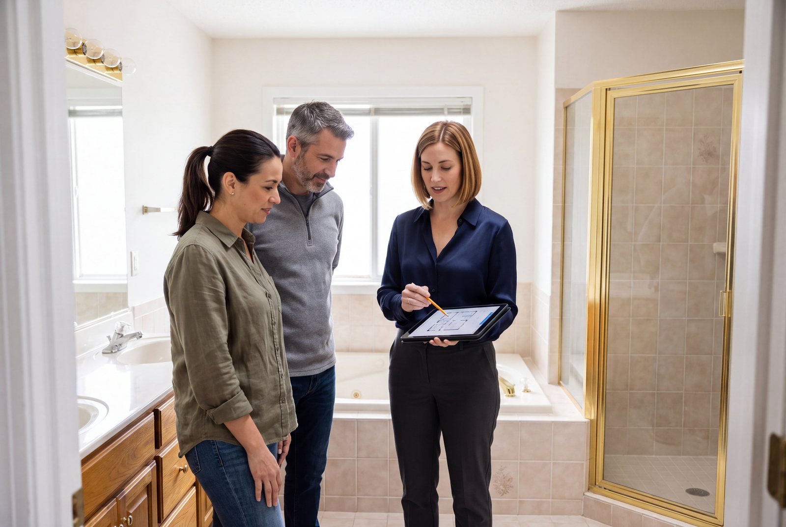 A Kaminskiy designer at a kitchen table with homeowners during an in-home consultation