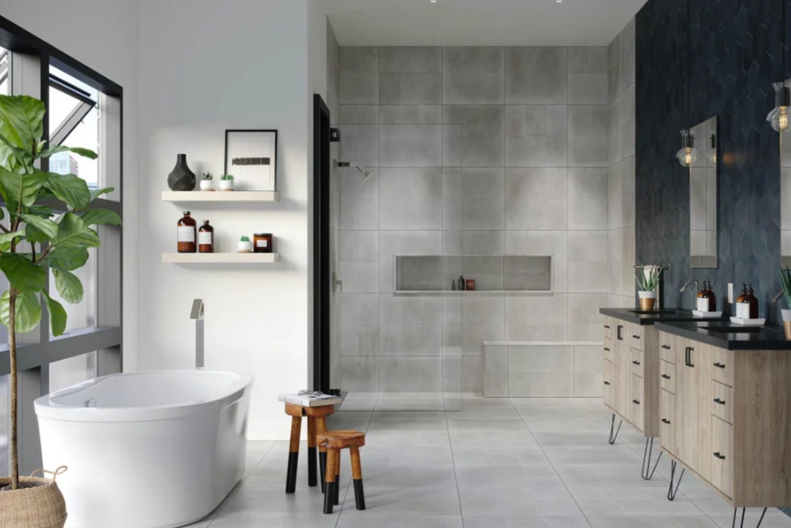 An express bathroom remodel with a freestanding tub, a walk-in shower and large-format grey tile