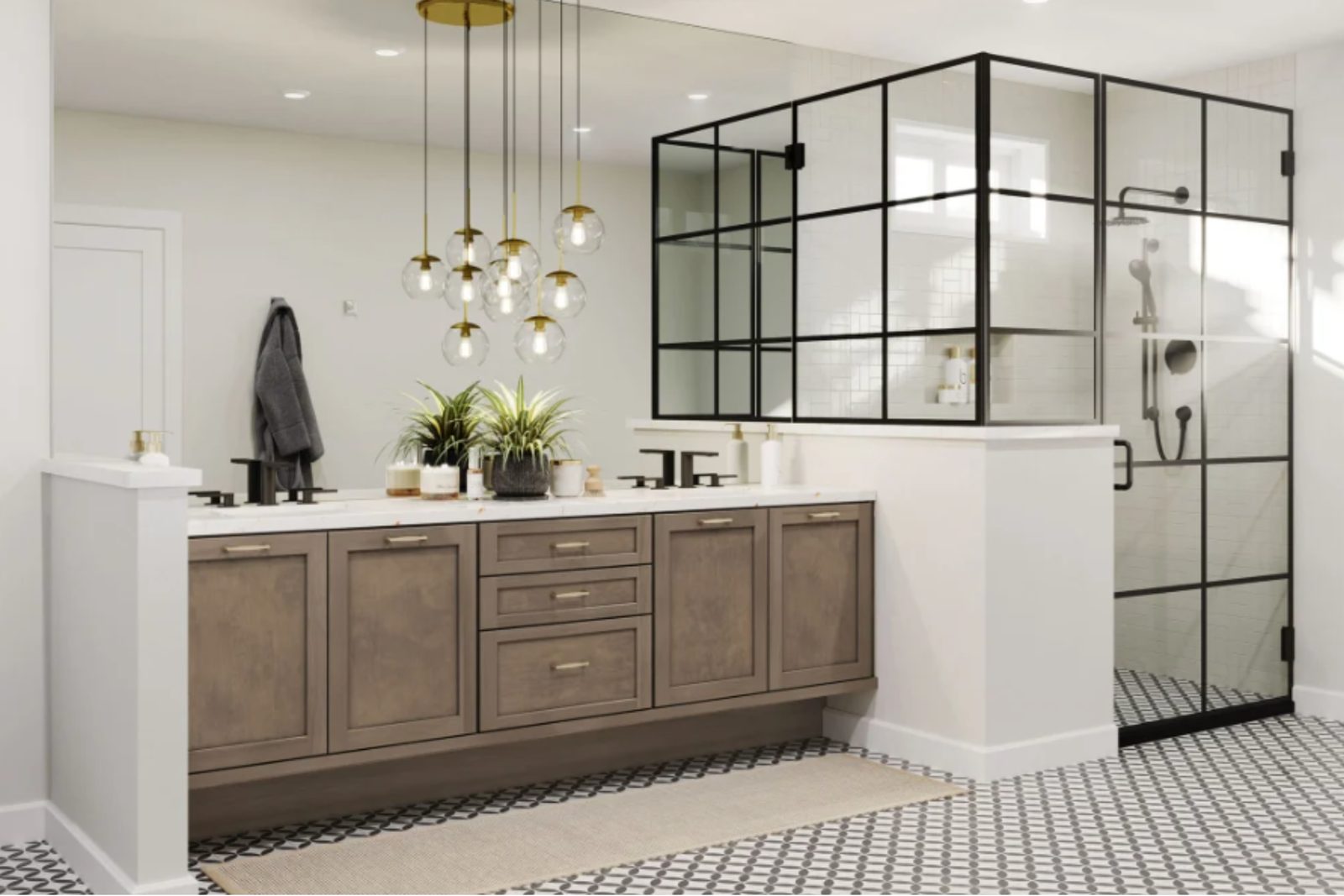 An express bathroom remodel with a black-framed glass shower and a patterned tile floor