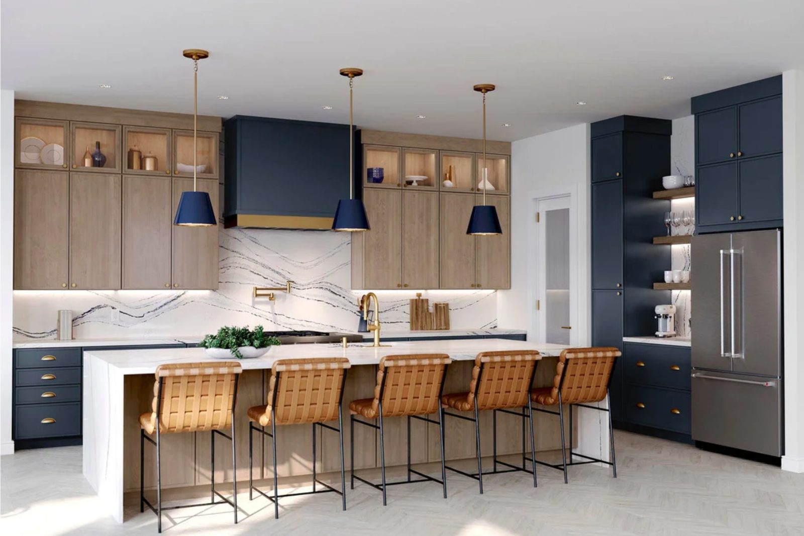 An express kitchen remodel with light cabinets, navy accents and leather counter stools