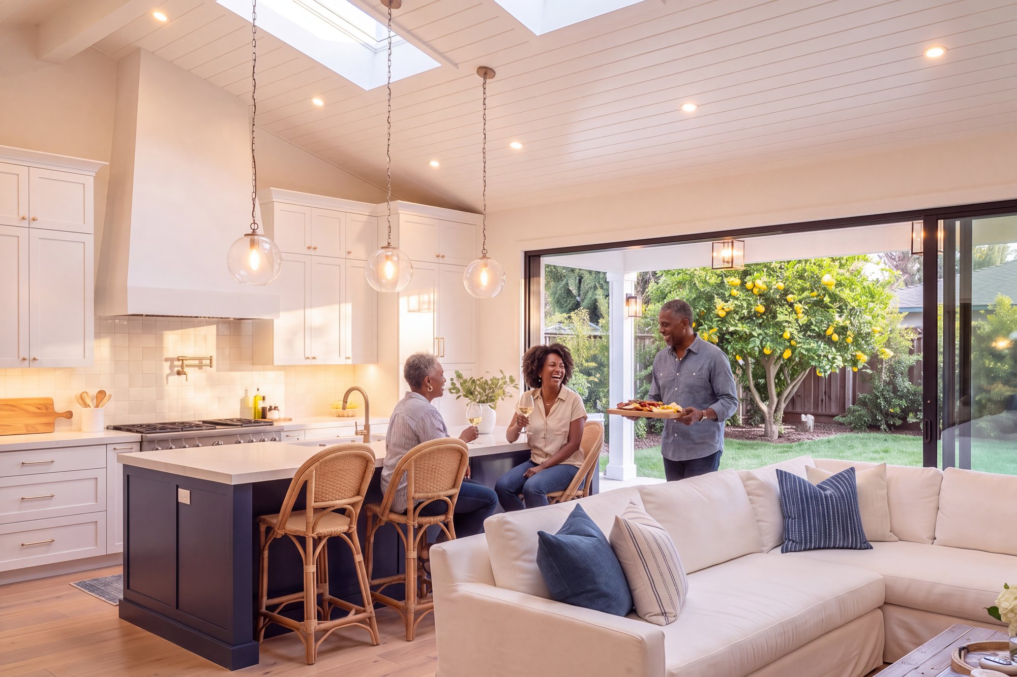 After: a room addition with a vaulted ceiling, an open kitchen with a navy island and glass doors to the garden