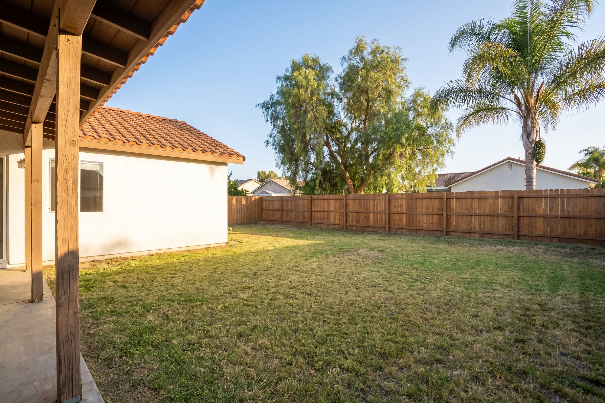 Before: a plain San Diego backyard, an open lawn between a white stucco house with a tile roof and a wood fence, a pepper tree and a queen palm beyond