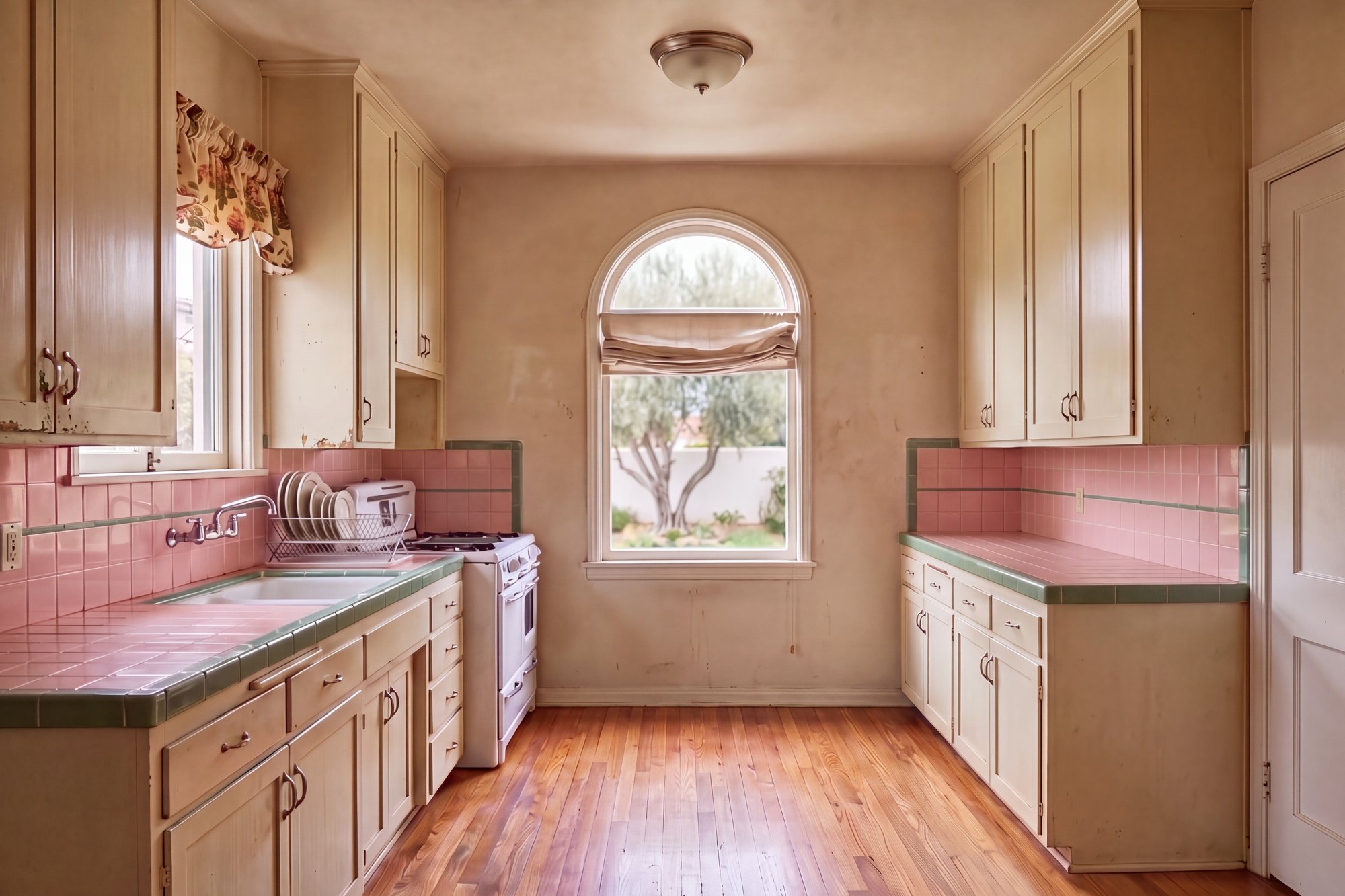 Before: the same room as a narrow 1930s galley kitchen with aged white cabinets on both walls, pink tile counters, a white gas range, beige plaster walls and one arched window onto the courtyard