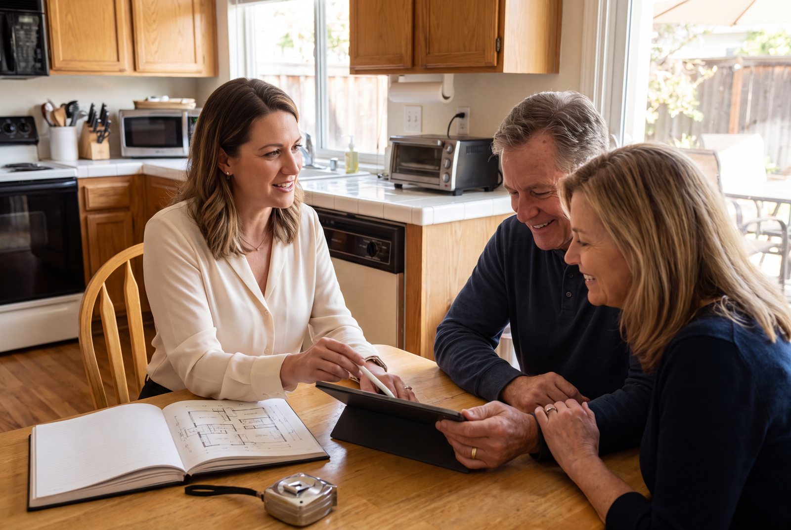 A Kaminskiy designer at a kitchen table with homeowners during an in-home consultation