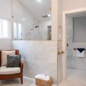 Sitting area next to walk in shower