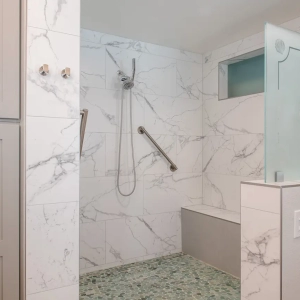 Turquoise themed walk in shower