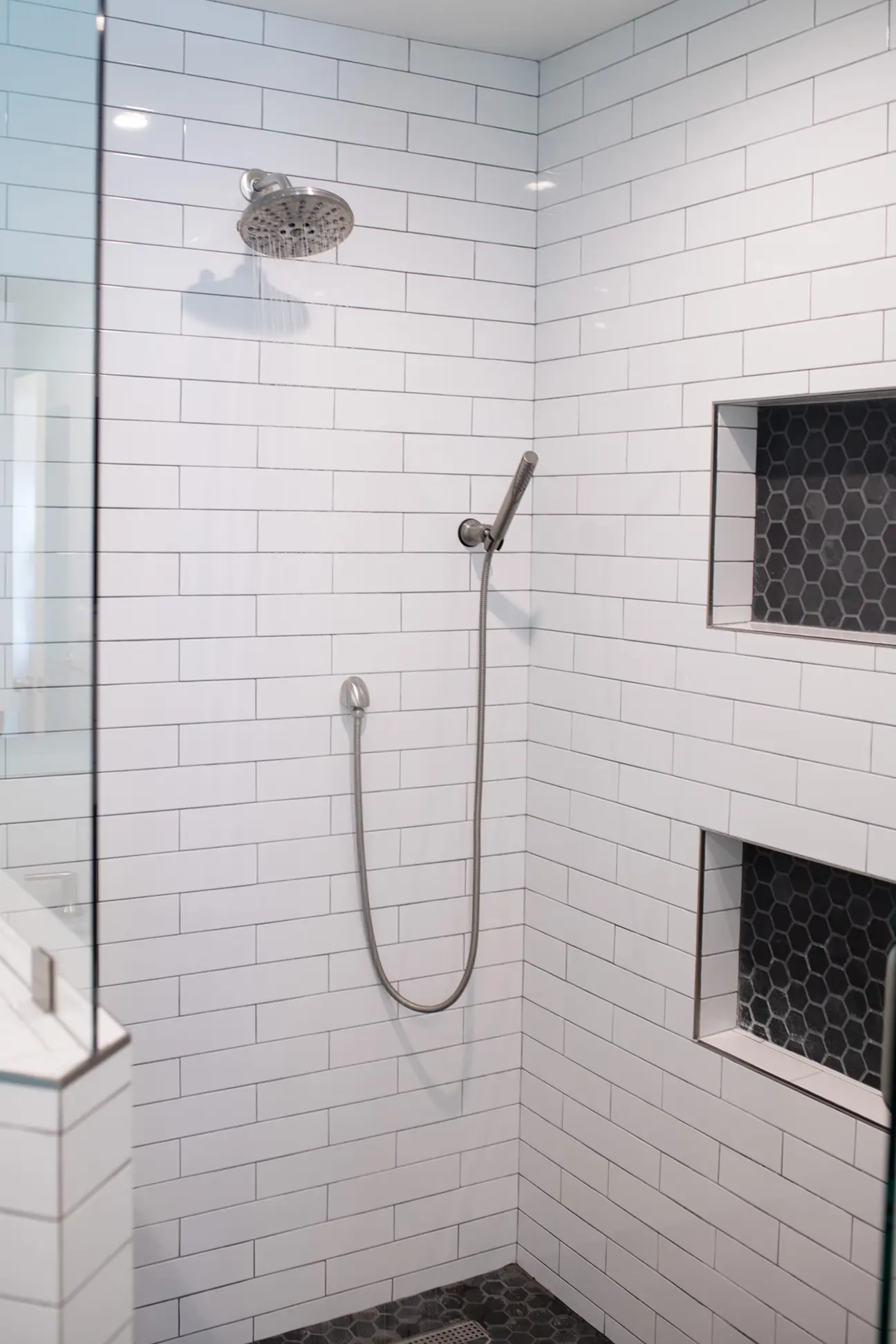 Walk In Shower with White Tiles