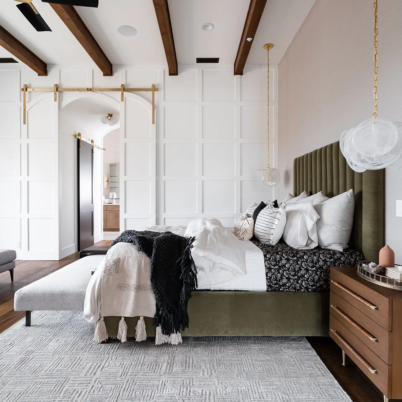 Beautiful Primary Bedroom Model with High Ceiling and wood beams