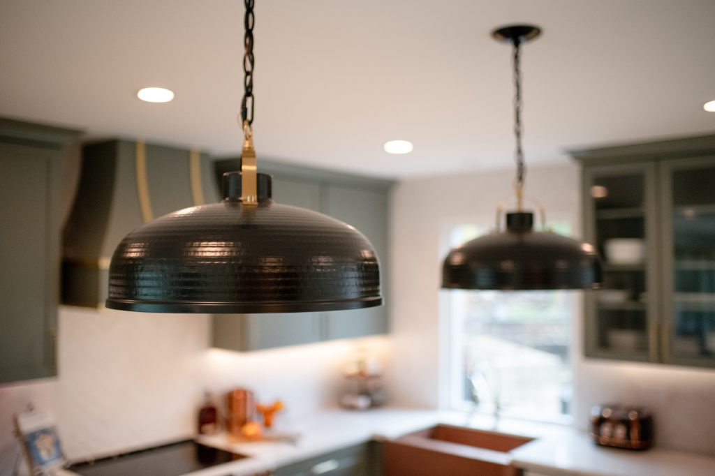 Close-up of matte-brass pendant light