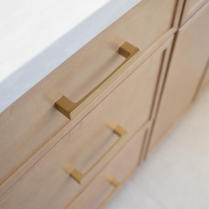 Slim-shaker drawer with brushed-gold pulls and quartz counter edge.