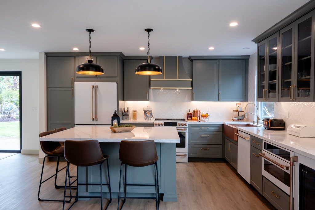 Island overhang with counter stools