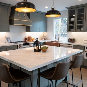 Quartz island with seating and pendant lights