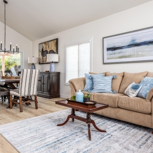 Open living-dining space with pool view