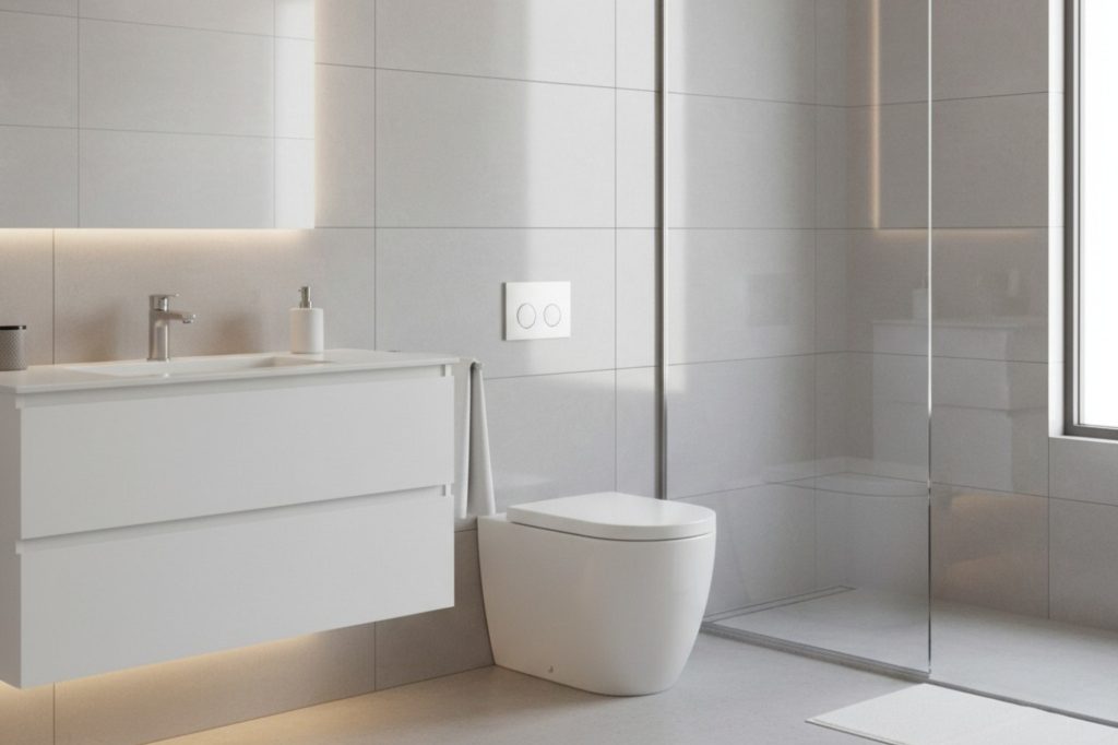 Modern bathroom with skirted toilet and easy-clean slab walls 2025 Trend