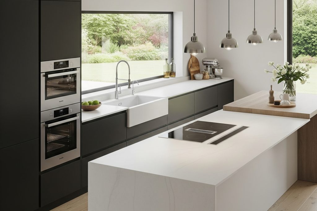 Modern kitchen with porcelain waterfall countertop and black cabinetry 2025 Trend