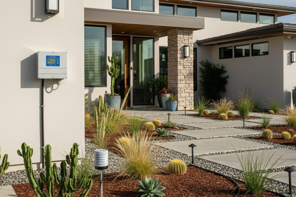 San Diego 2025 Design Trend: Modern home with drought-tolerant landscaping and a smart irrigation system