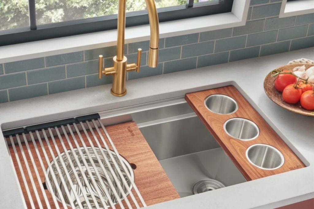Workstation sink with cutting board, colander, and integrated accessories design trend