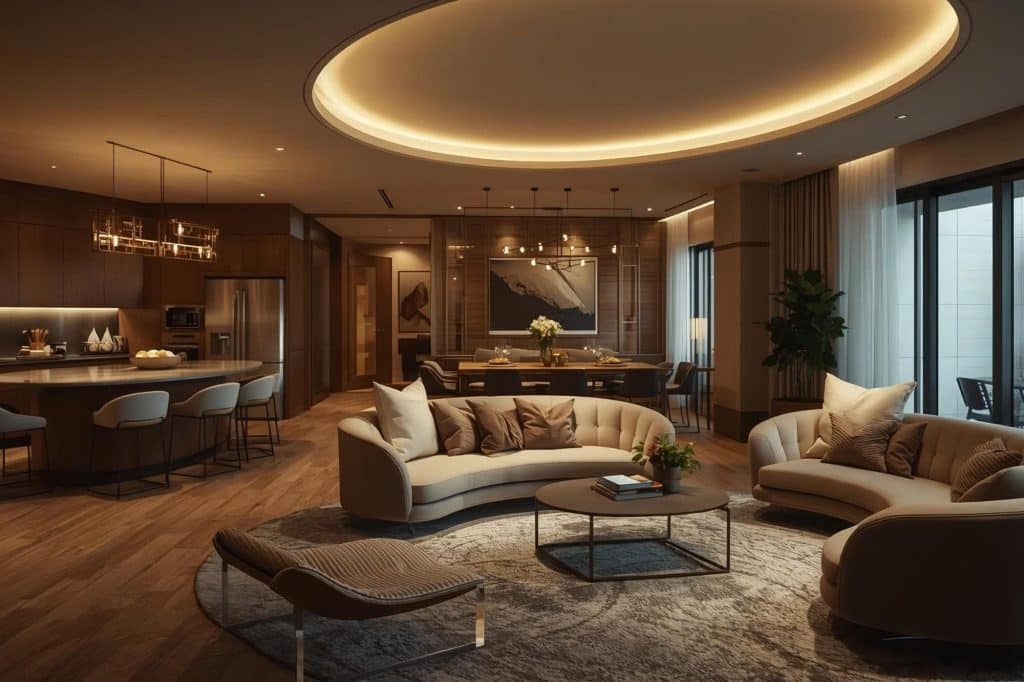 Kitchen with curved island and warm wood cabinets