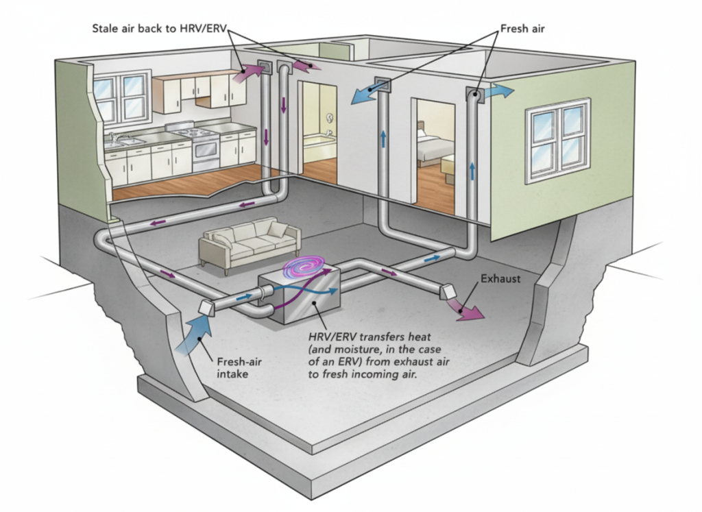 Diagram of home ventilation system with ERV/HRV for fresh air and energy recovery