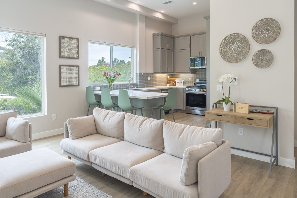 Sofa lounge with views toward peninsula seating