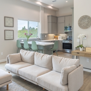 Sofa lounge with views toward peninsula seating