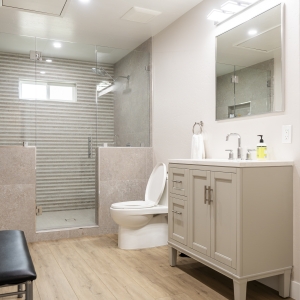 New full bath with large walk-in shower and vanity