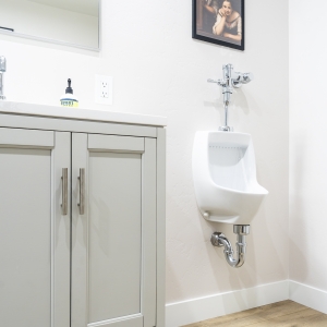 Compact urinal beside vanity&mdash;efficient bath layout