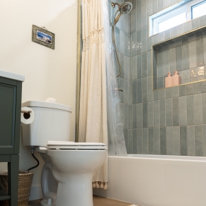 Guest bath tub&ndash;shower with vertical sea-green tile and niche