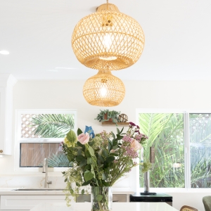 Island view with seagrass pendants and brass hardware