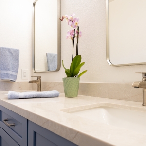 Double vanity with Kohler faucets and a quartz countertop