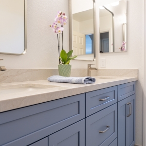 Orchid on quartz countertop between framed mirrors at the upstairs hall vanity