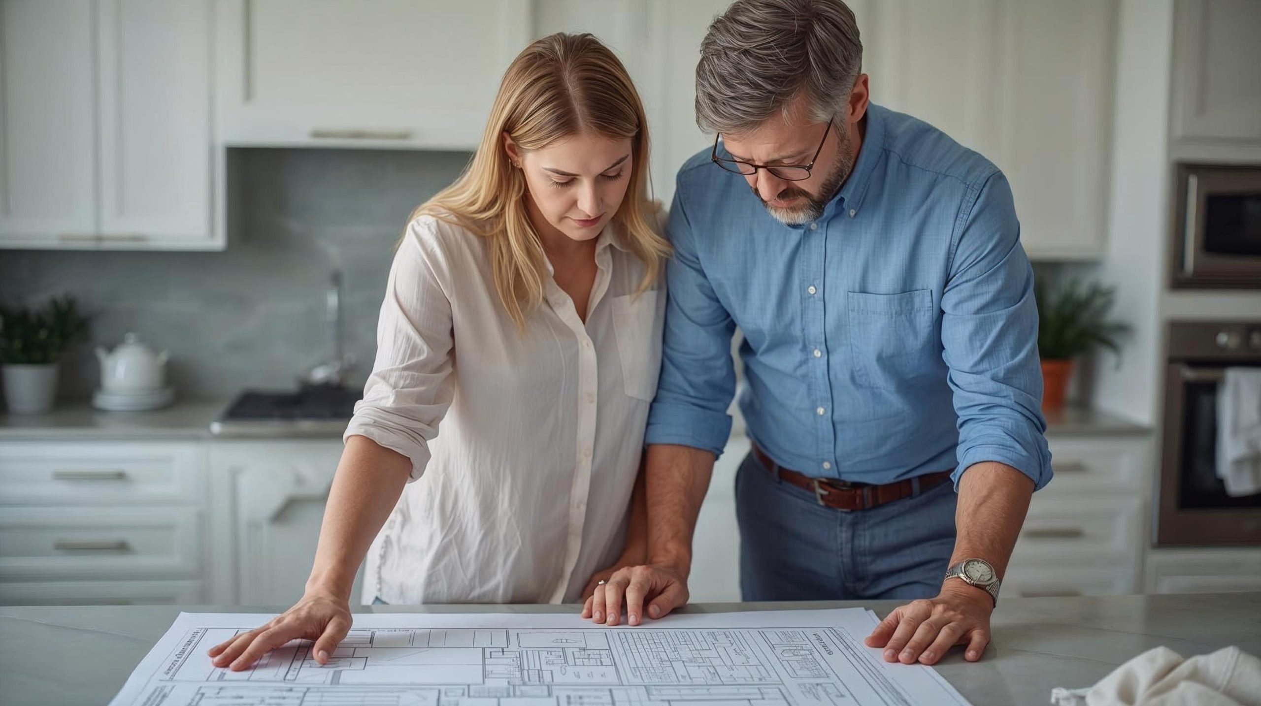 San Diego homeowners reviewing remodel change order plans in the kitchen