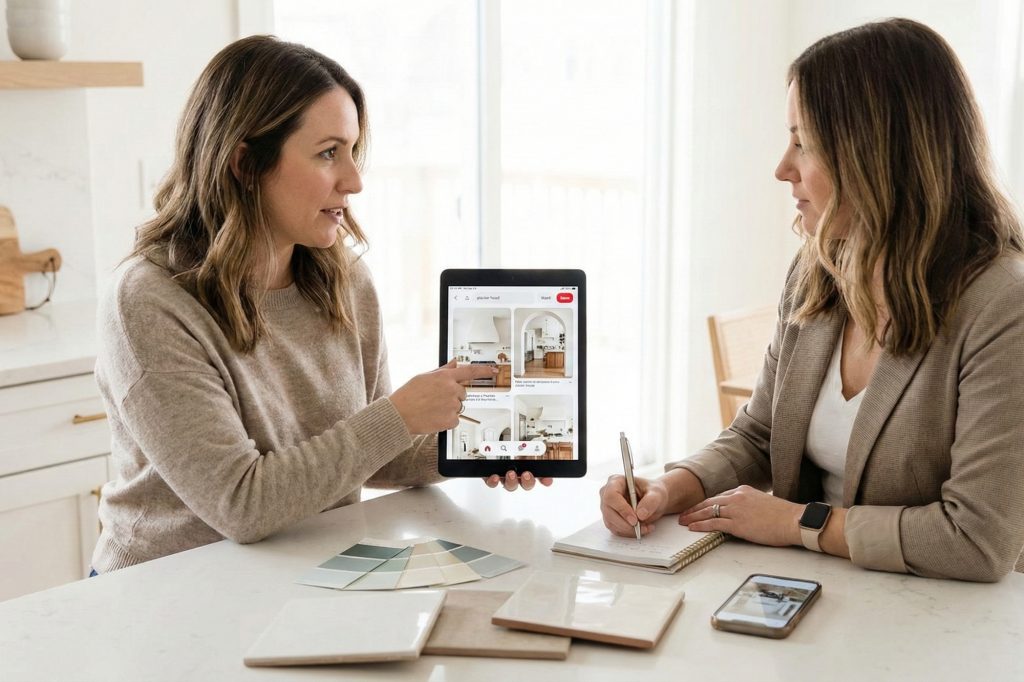 Homeowners sharing design inspiration photos on a smartphone with a consultant