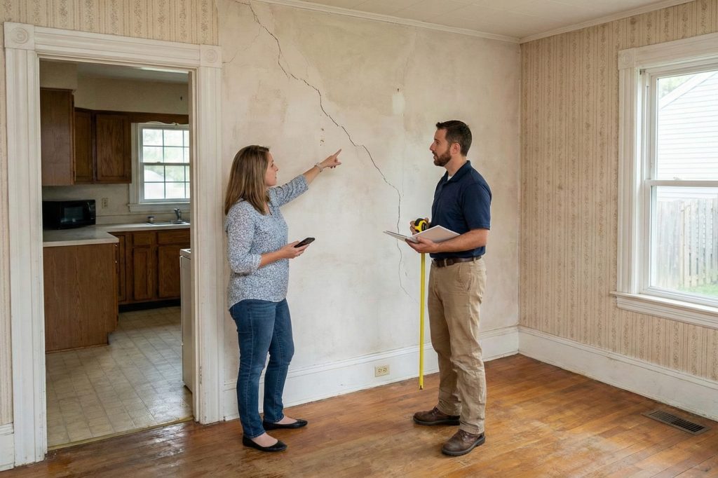 Designer and homeowners assessing existing conditions for a home renovation