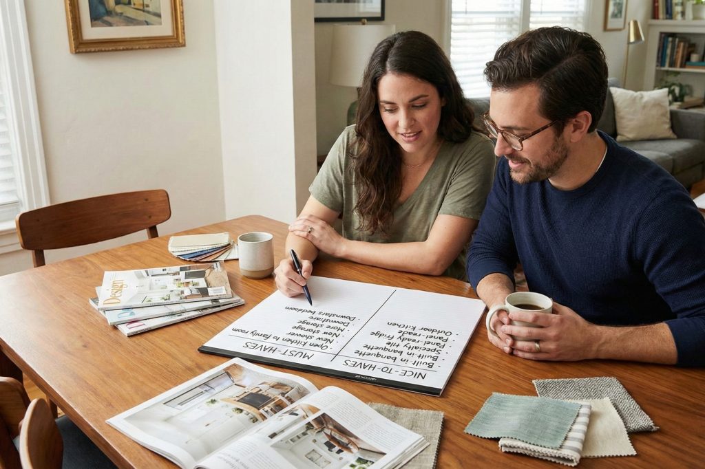 Couple and designer prioritizing remodeling must-haves versus nice-to-haves
