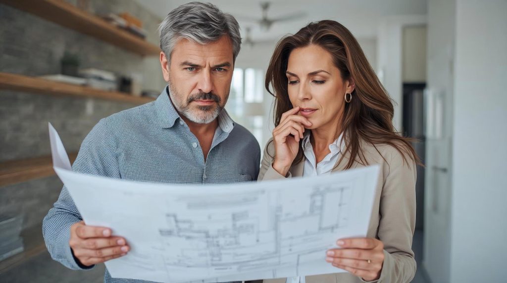 Homeowners reviewing remodel plans to understand a change order