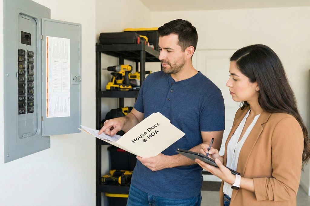 Reviewing blueprints and property history documents before a remodel