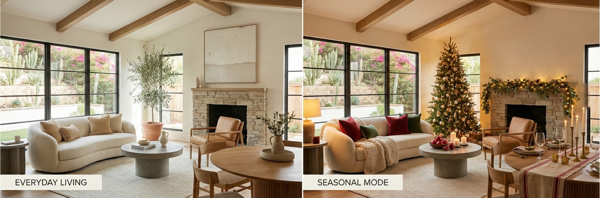 Split-image of a remodeled San Diego living and dining room showing everyday decor on one side and warm holiday decorations on the other, illustrating flexible seasonal-ready design.