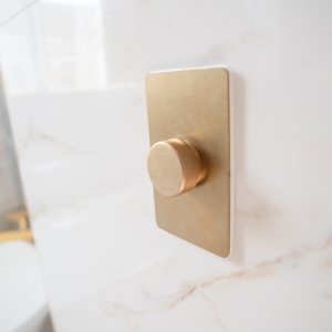 Brass wall plate with a single dimmer knob mounted on a light marble-look wall