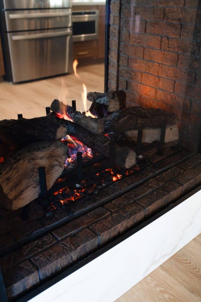 Close-up of the double-sided fireplace flames