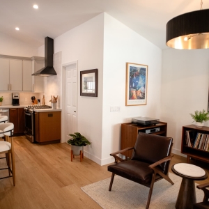 Family room opening into the remodeled kitchen