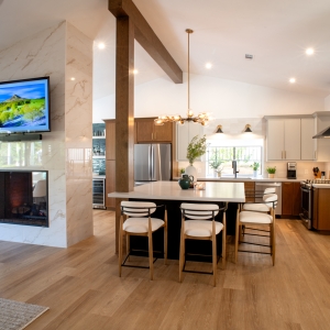 Wide view of the kitchen, dining, and family room