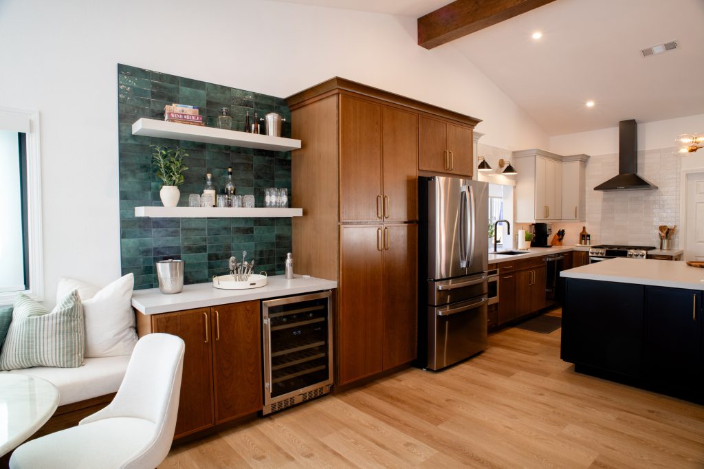 Open kitchen with beverage station and large island