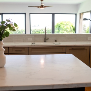 Kitchen island and sink wall with large windows in open-concept remodel