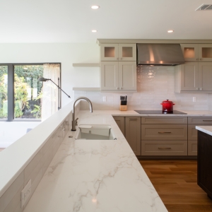 Kitchen sink and induction cooktop with glossy porcelain backsplash