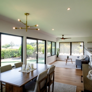 Open dining and living area after a Rancho Bernardo addition and kitchen remodel