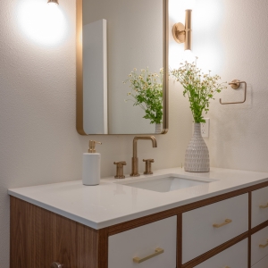 Angled view of the hall bathroom vanity